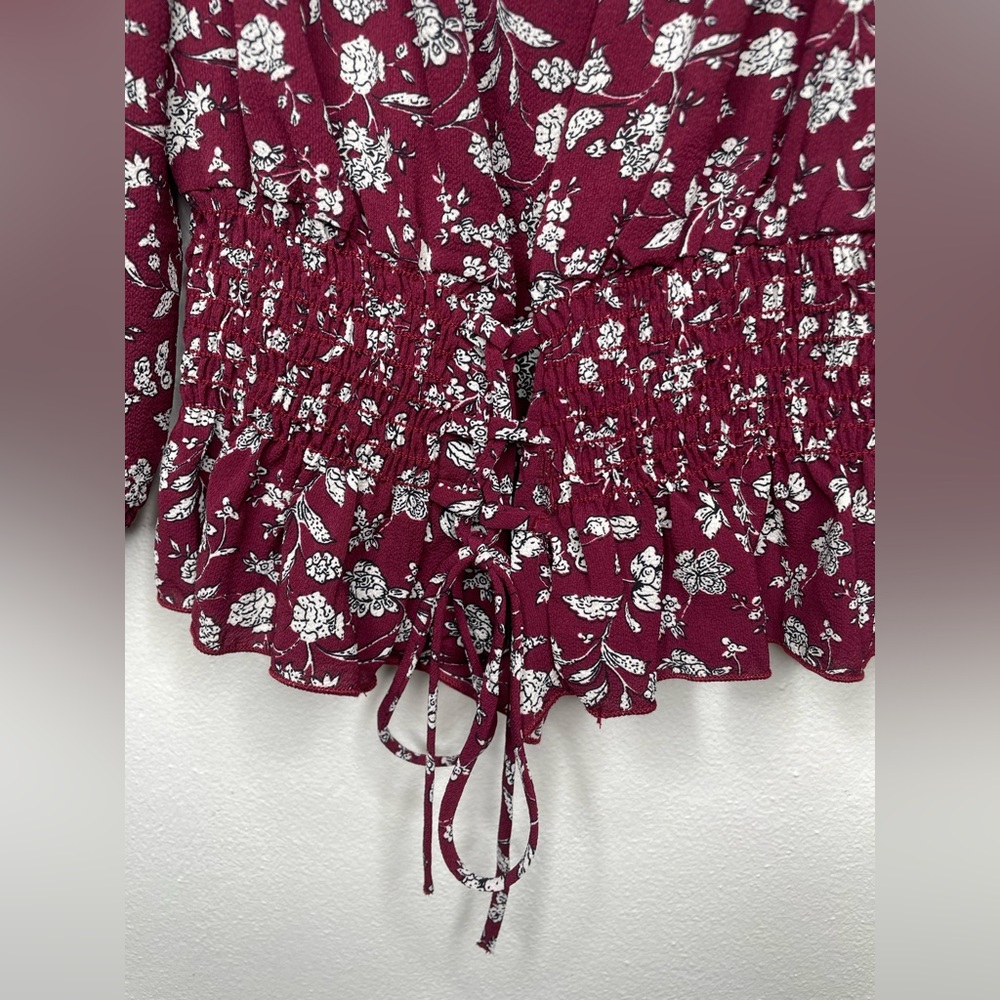 Chocolate  Women’s Strapless Floral Maroon Long Sleeve Top w/Front Tie. - Picture 5 of 5